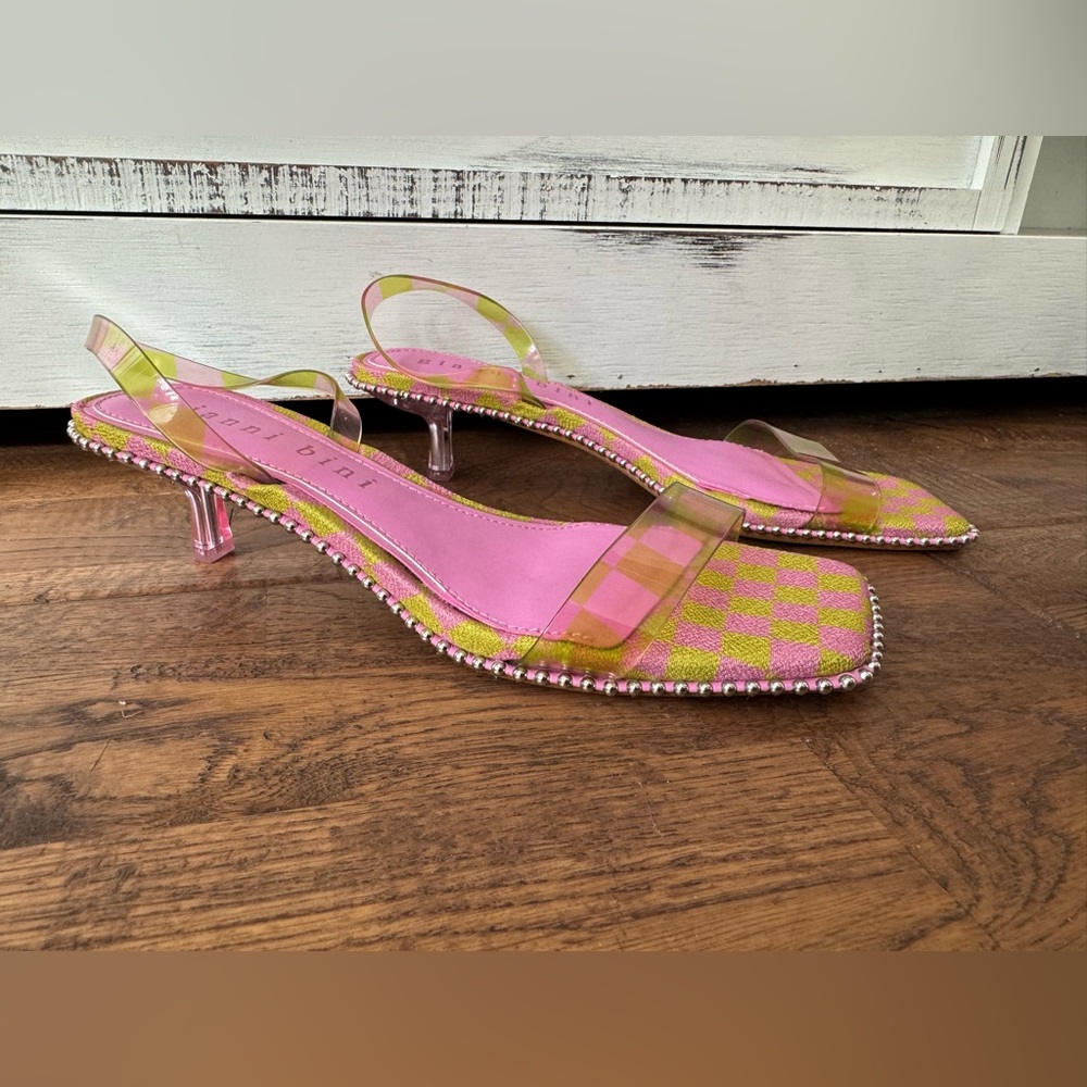 New Gianni Bini Renatay Checkered Kitten Heel Sandals Vinyl Women's Size 8 S
